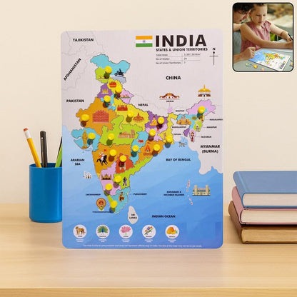 India Map Wooden Puzzle for Kids | States & Capitals Learning Board with Knobs | Educational Geography Toy for Children | 18 Piece Wooden Jigsaw Puzzle (Ages 4–10)