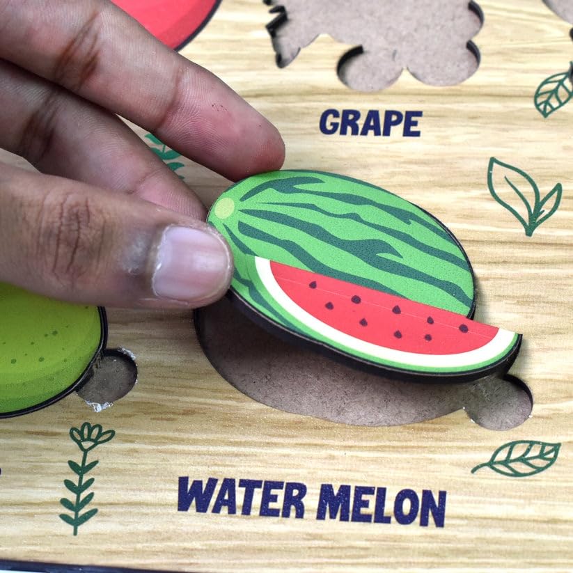 Wooden Fruits Puzzle Board (28×20 cm) | Educational Knob Puzzle for Kids | Montessori Learning Toy for Toddlers | Shape & Color Recognition Board (1 Set)