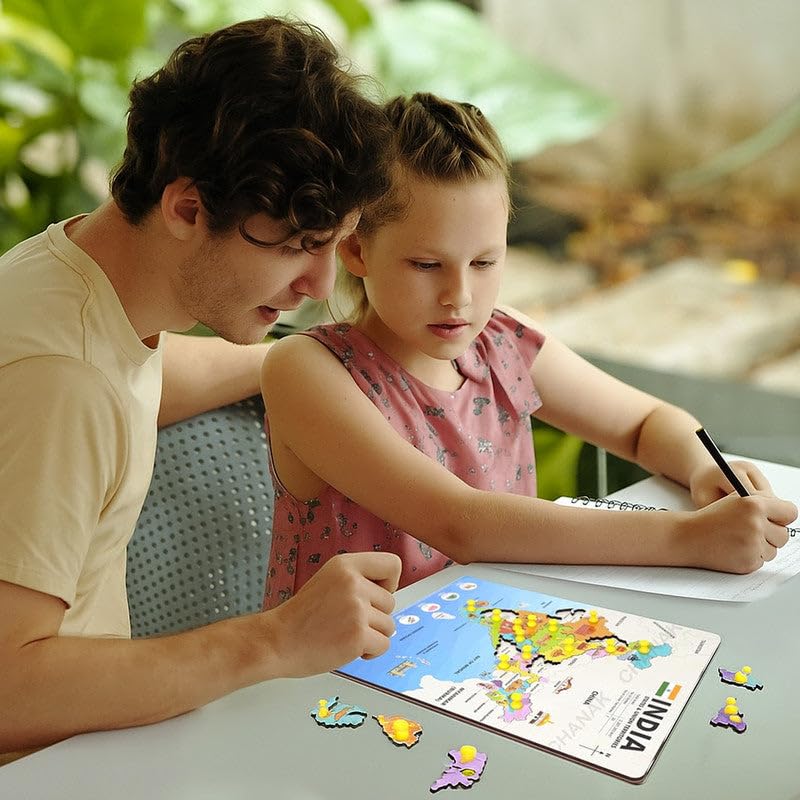 India Map Wooden Puzzle for Kids | States & Capitals Learning Board with Knobs | Educational Geography Toy | 18 Piece Wooden Jigsaw Puzzle for Children (Ages 4–10)
