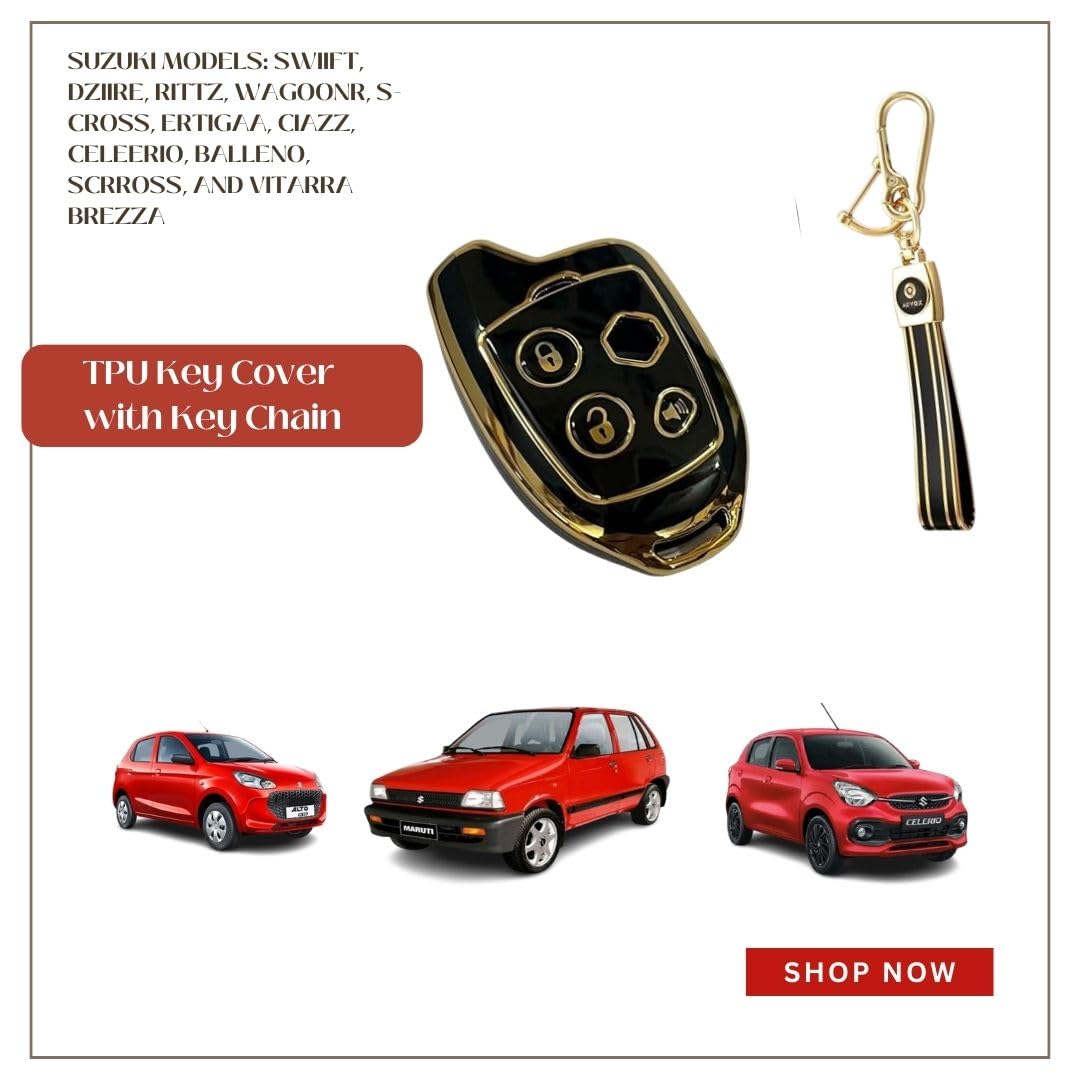 TPU Key Cover for Suzuki Models: Swiift, Dziire, Rittz, WagoonR, S-Cross, Ertigaa, Ciazz, Celeerio, Balleno, Scrross, and Vitarra Brezza with Nippon Remote Key Cover (Black with Keychain).