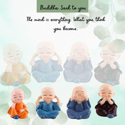 RF REDFOXX Buddha Monk Set of 4 Statues – Charming Mini Figurines Perfect for Home Decor, car dashboards, or Office desks, Ideal as Thoughtful Gifts or Elegant Tabletop Accents. (Pack of 1)
