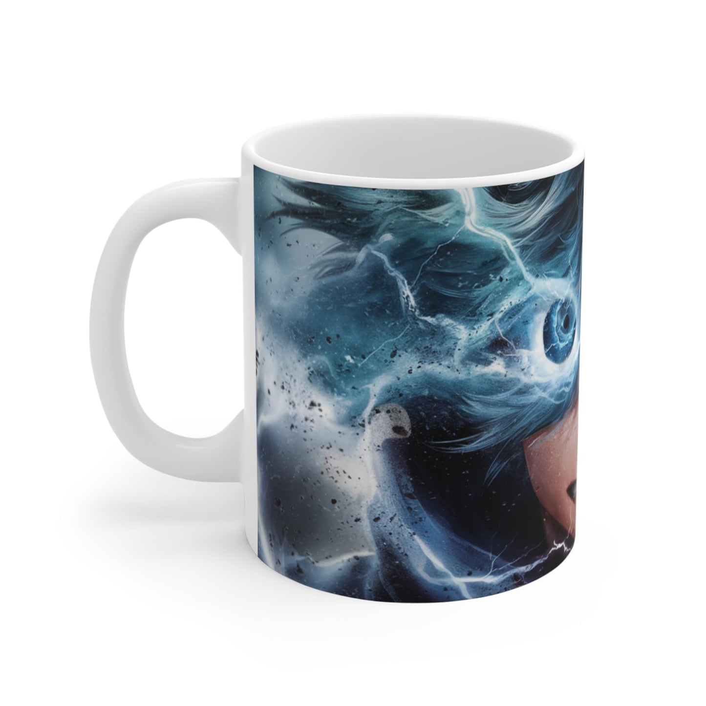 RF REDFOXX Anime Art Ceramic Coffee Mug, 350 ml, White, Premium Design with Blue Lightning Effect