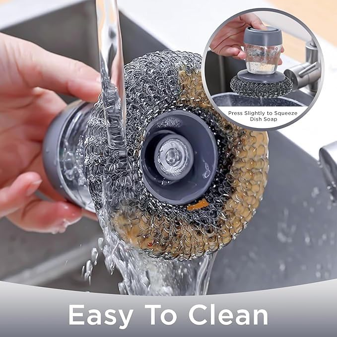 Soap Dispensing Dish Brush – Palm Brush for Effortless Cleaning, Liquid Filling Multifunctional Dishwasher, Kitchen Cleaning Gadget, Liquid Filling Steel Wire Ball (Pack of 1, Multicolor)