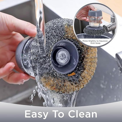 Soap Dispensing Dish Brush – Palm Brush for Effortless Cleaning, Liquid Filling Multifunctional Dishwasher, Kitchen Cleaning Gadget, Liquid Filling Steel Wire Ball (Pack of 1, Multicolor)