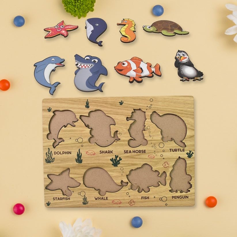 Seawater Animal Wooden Puzzle Board for Kids | Ocean Theme Educational Learning Toy | Montessori Knob Puzzle for Toddlers | Early Learning & Skill Development (1 Set)