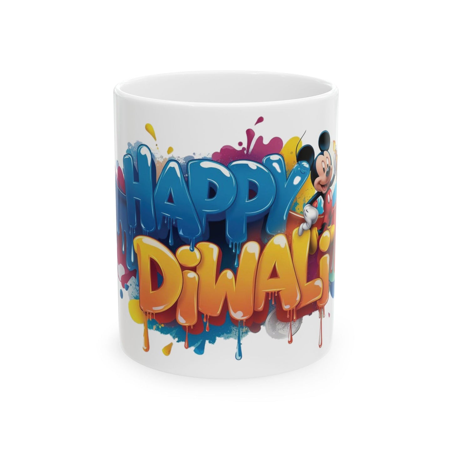 RF REDFOXX Happy Diwali Ceramic Mug with Mickey Mouse Design, Personalized Name & Unique Designs 325 ml (with Free Key Chain)