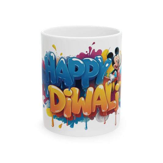 RF REDFOXX Happy Diwali Ceramic Mug with Mickey Mouse Design, Personalized Name & Unique Designs 325 ml (with Free Key Chain)