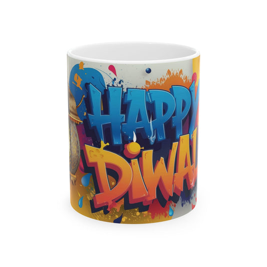 RF REDFOXX Ceramic Diwali Mug, Colourful Graffiti Design, 325 ml Capacity
