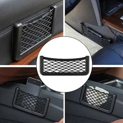 Car Storage Organizer Net Bag | Stick-On Mesh Pocket for Car Seat, Side Door & Dashboard | Phone, Purse & Small Item Holder