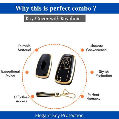 Stylish and Durable Soft TPU Leather Pattern Key Cover for Ford Ecosport, Aspire, Freestyle, and Endeavour Push Button Start Keys: Black with Keychain.