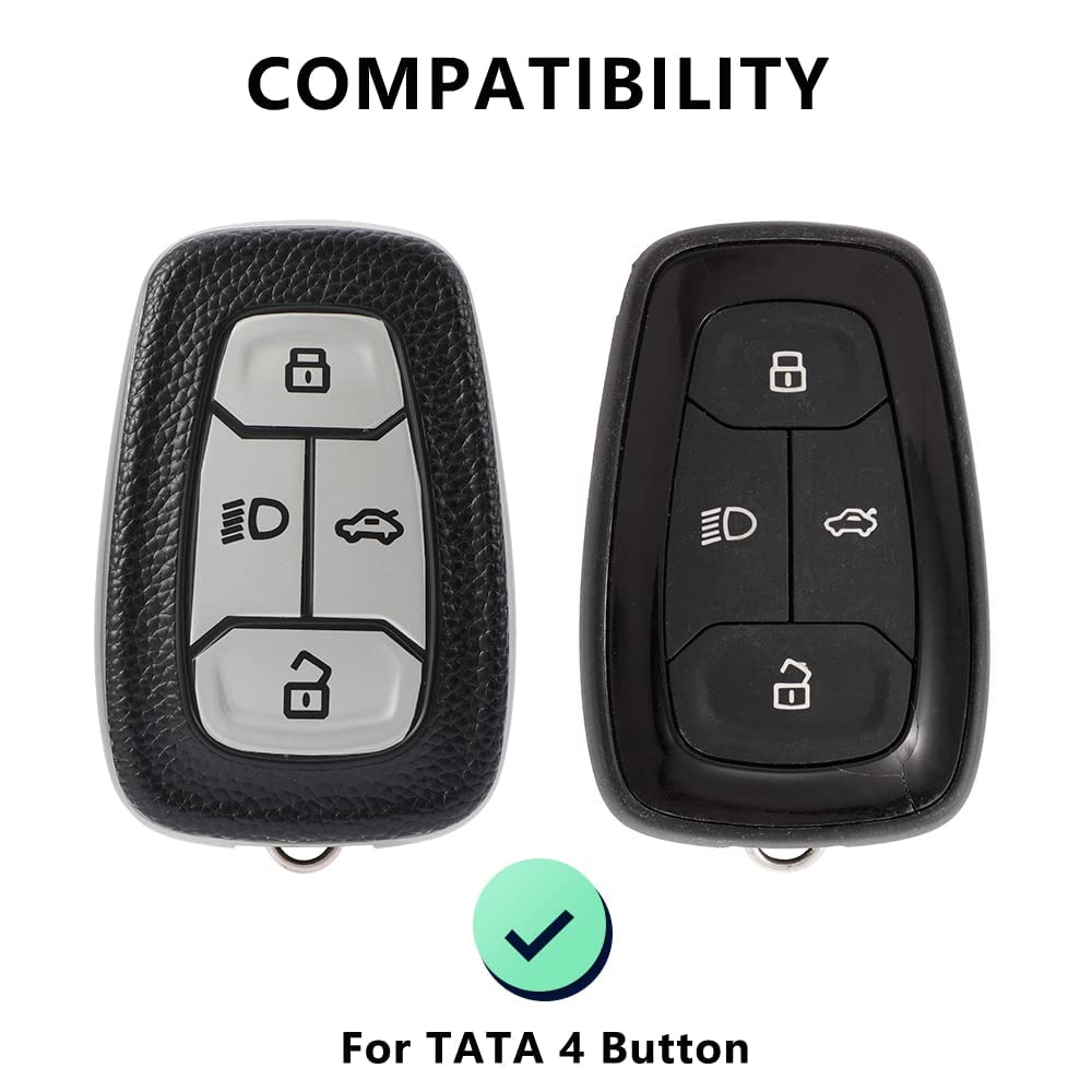 Leather TPU Key Cover Compatible for Tata Nexon Harrier Safari Altroz Punch Tigor 4 Button Smart Key (Black)