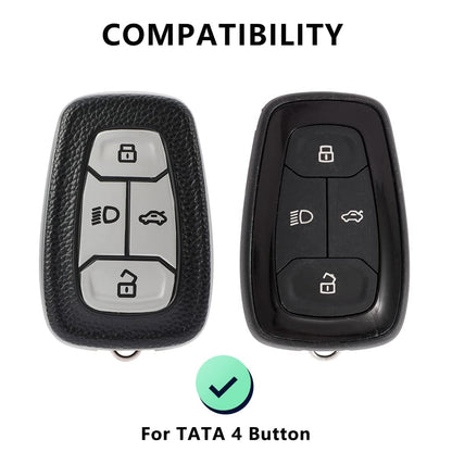 Leather TPU Key Cover Compatible for Tata Nexon Harrier Safari Altroz Punch Tigor 4 Button Smart Key (Black)