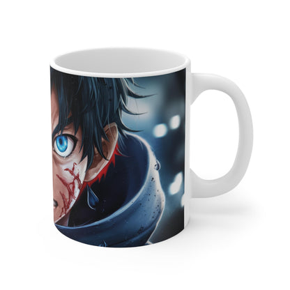RF REDFOXX Anime Art Ceramic Coffee Mug, 350 ml, White, Premium Design with Blue Lightning Effect