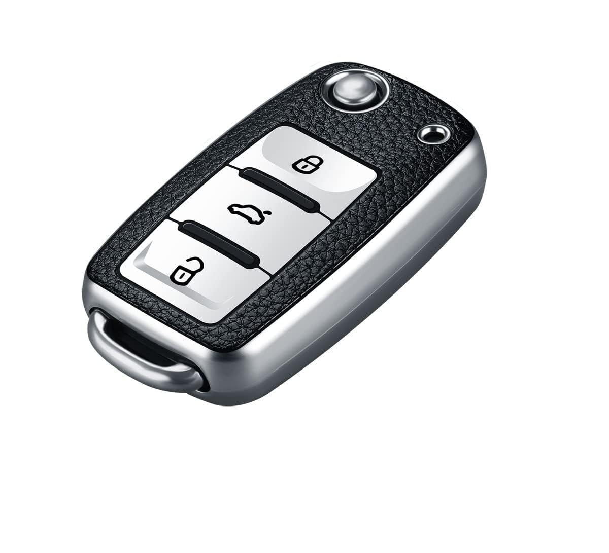 Soft TPU Leather Pattern Key Cover Compatible with Polo, Vento, Jetta, Ameo, Passat & Skoda Rapid, Laura, Superb, Octavia, Fabia, Yeti Folding Flip Key (Silver Black, Pack of 1).