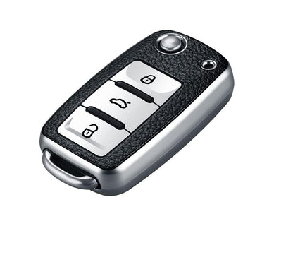 Soft TPU Leather Pattern Key Cover Compatible with Polo, Vento, Jetta, Ameo, Passat & Skoda Rapid, Laura, Superb, Octavia, Fabia, Yeti Folding Flip Key (Silver Black, Pack of 1).