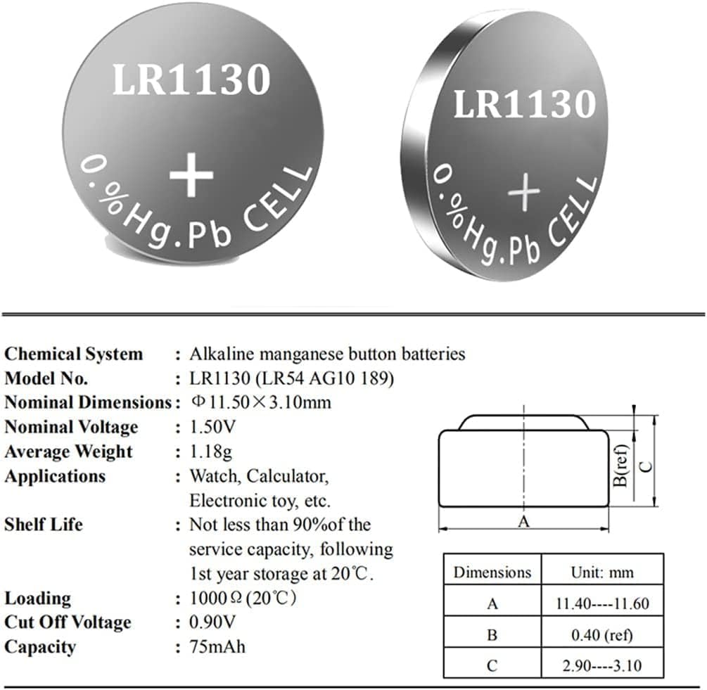 RF REDFOXX LR1130 AG10 189 Battery 1.5V Alkaline Button Cell Batteries 389A, D389, LR1131, LR54, G10A, Battery LR1130 Battery 1.5V Micro Alkaline Button Coin Cell (LR1130 / AG10-10 Unit)