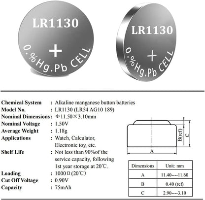 RF REDFOXX LR1130 AG10 189 Battery 1.5V Alkaline Button Cell Batteries 389A, D389, LR1131, LR54, G10A, Battery LR1130 Battery 1.5V Micro Alkaline Button Coin Cell (LR1130 / AG10-10 Unit)