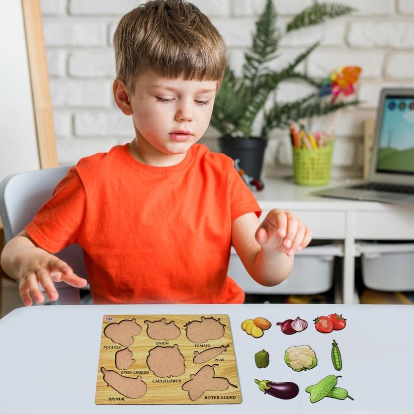 Wooden Vegetable Puzzle Board (28×20 cm) | Montessori Educational Toy for Kids | 7 Pcs Knobbed Shape Matching Puzzle | Learning Board for Toddlers Age 2–5 Years