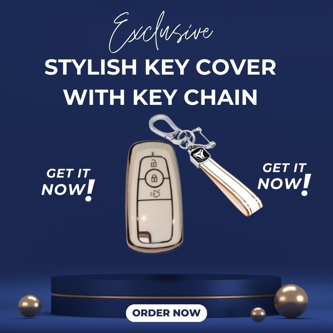 Stylish and Durable Soft TPU Leather Pattern Key Cover for Ford Ecosport, Aspire, Freestyle, and Endeavour Push Button Start Keys: White with Keychain.