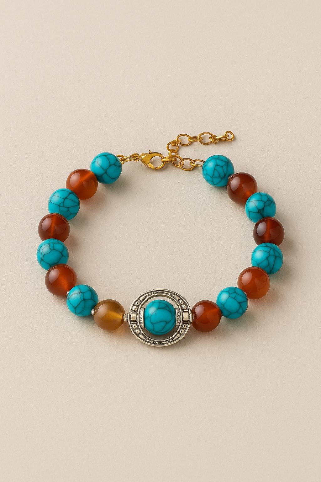 RF REDFOXX Handcrafted Turquoise and Amber Beaded Bracelet, Antique Silver Centrepiece, Gold-Tone Chain