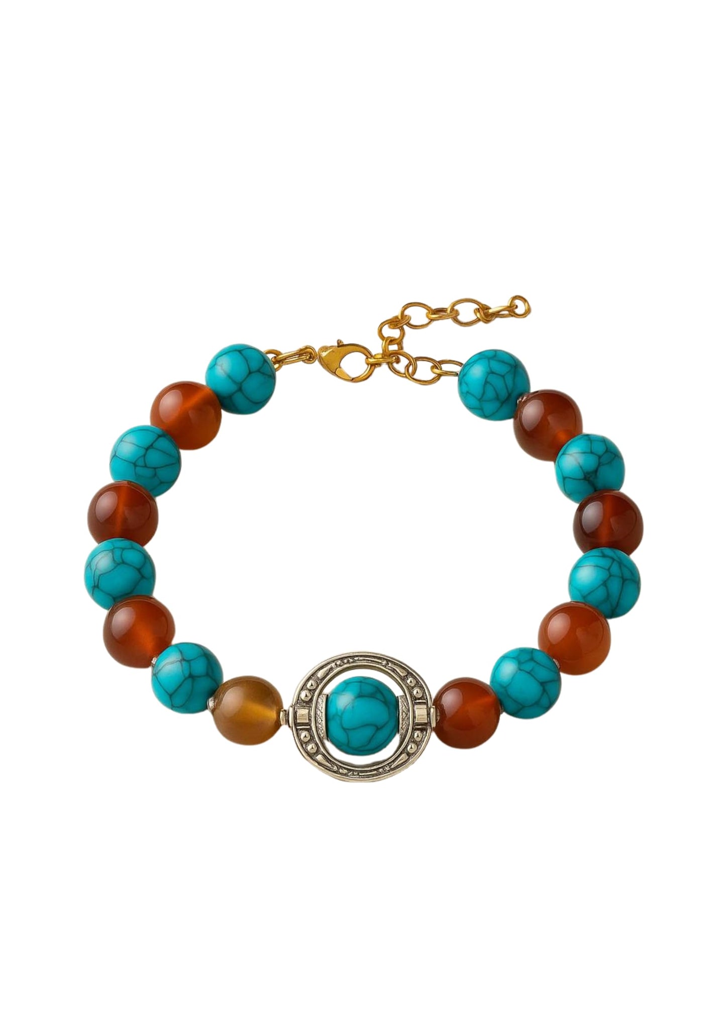 RF REDFOXX Handcrafted Turquoise and Amber Beaded Bracelet, Antique Silver Centrepiece, Gold-Tone Chain