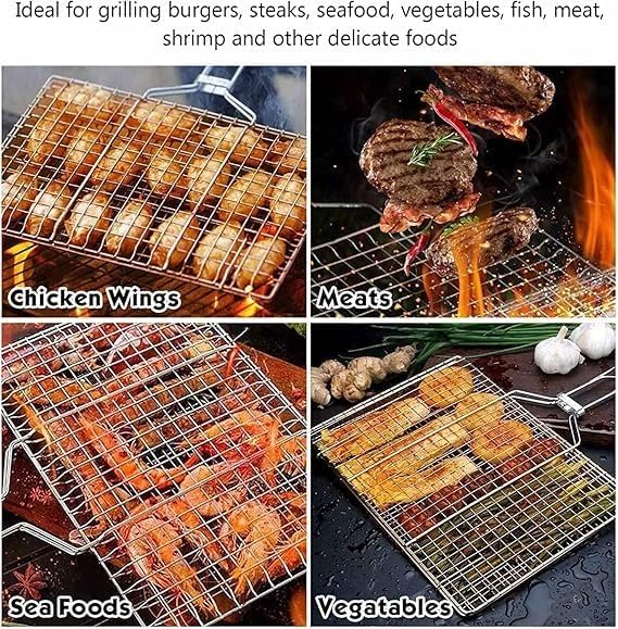 Stainless Steel Barbecue Grill Net Basket – Chromium Plated Grilling Tray with Long Wooden Handle – Ideal for Fish, Meat, Vegetables, Shrimp, and More