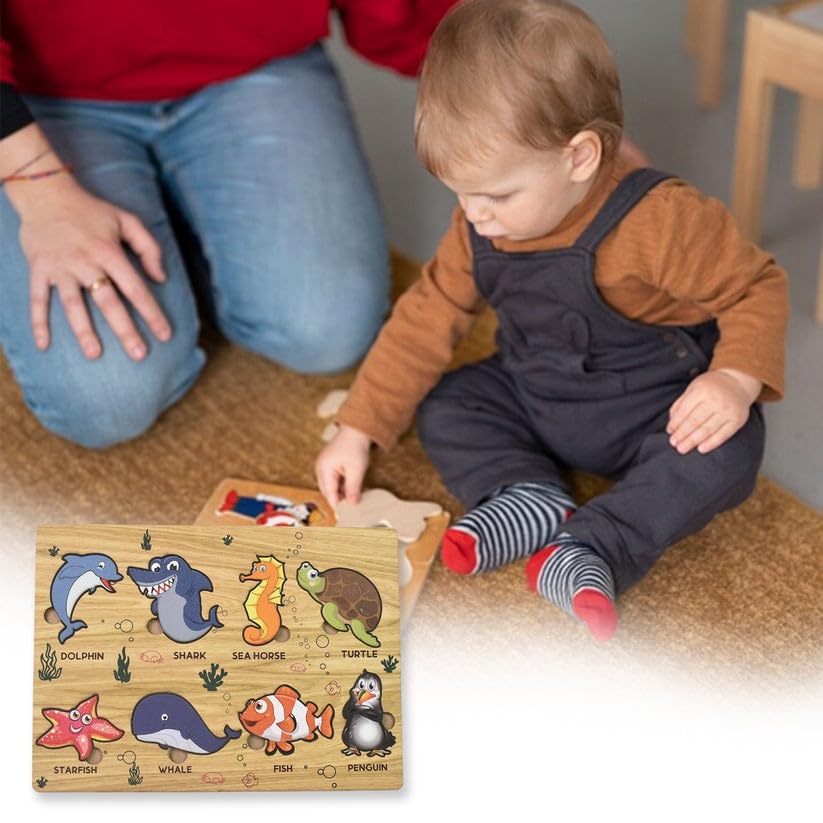 Seawater Animal Wooden Puzzle Board for Kids | Ocean Theme Educational Learning Toy | Montessori Knob Puzzle for Toddlers | Early Learning & Skill Development (1 Set)