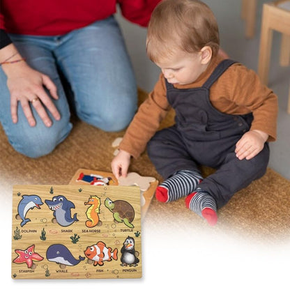 Seawater Animal Wooden Puzzle Board for Kids | Ocean Theme Educational Learning Toy | Montessori Knob Puzzle for Toddlers | Early Learning & Skill Development (1 Set)