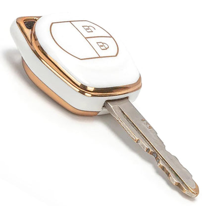 RF REDFOXX TPU Key Cover - 2 Button Car Key Protector for Alto, Alto K-10, Alto 800, Baleno, Brezza, Swift, Celerio, Dzire, Ciaz, Ignis - White Gold Edge