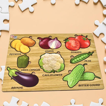 Wooden Vegetable Puzzle Board (28×20 cm) | Montessori Educational Toy for Kids | 7 Pcs Knobbed Shape Matching Puzzle | Learning Board for Toddlers Age 2–5 Years