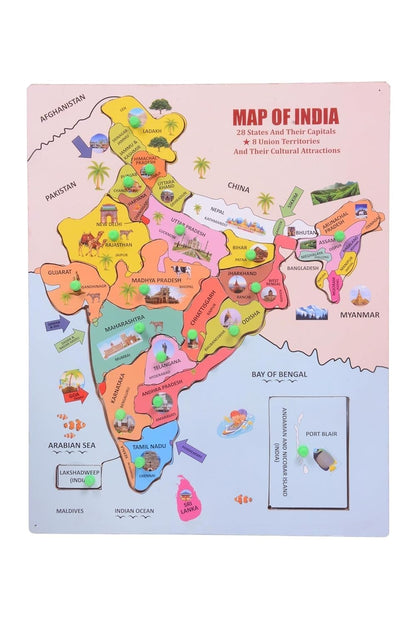 India Map Wooden Puzzle for Kids | States & Capitals Learning Board with Knobs | Educational Geography Toy for Children | 18 Piece Wooden Jigsaw Puzzle (Ages 4–10)