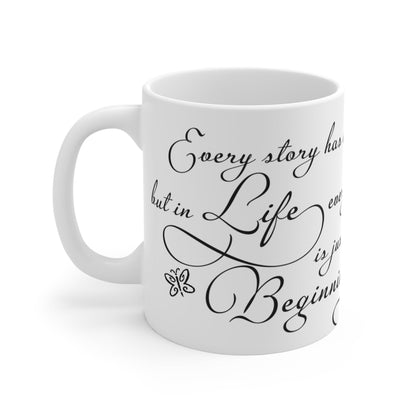 Inspirational Coffee Mug, 350 ml, White Ceramic with Quote 'Every Story Has a Beginning', Perfect for Gifting