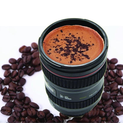 Camera Lens Coffee Mug 400ml | Stainless Steel Insulated Travel Mug Flask with Lid | Leakproof Thermos Cup for Coffee & Tea | DSLR Lens Design Gift for Men & Women (Black)