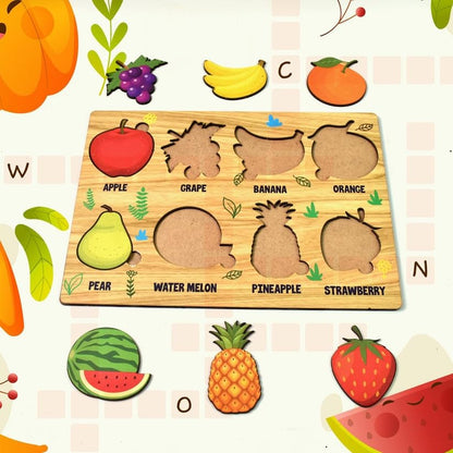 Wooden Fruits Puzzle Board (28×20 cm) | Educational Knob Puzzle for Kids | Montessori Learning Toy for Toddlers | Shape & Color Recognition Board (1 Set)
