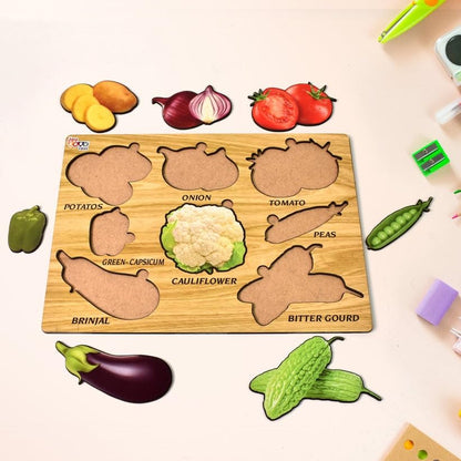 Wooden Vegetable Puzzle Board (28×20 cm) | Montessori Educational Toy for Kids | 7 Pcs Knobbed Shape Matching Puzzle | Learning Board for Toddlers Age 2–5 Years