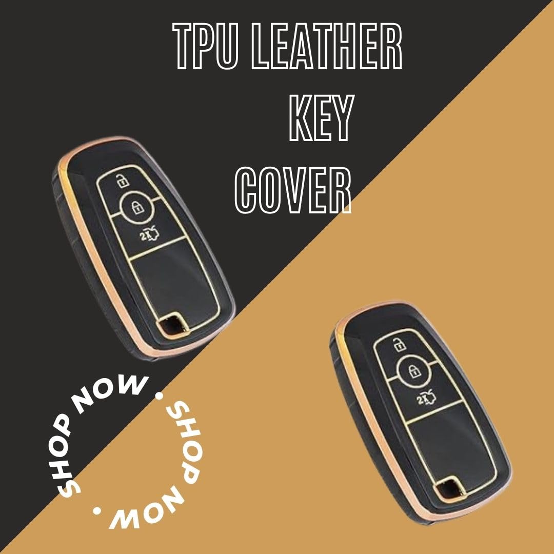 Soft TPU Leather Pattern Key Cover Compatible with Ford Ecosport Aspire Freestyle Endeavour Push Button Start Car Key (Black).