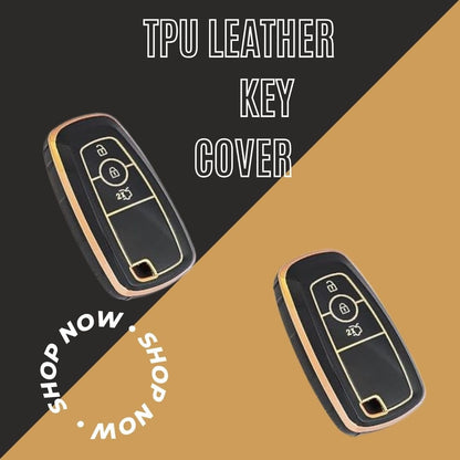 Stylish and Durable Soft TPU Leather Pattern Key Cover for Ford Ecosport, Aspire, Freestyle, and Endeavour Push Button Start Keys: Black with Keychain.