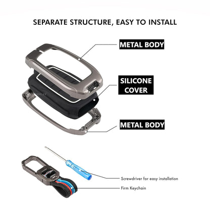 Premium Metal Key Cover Compatible with Ford Ecosport, Fiesta, Figo – 3 Button Flip Key Protector Case – Stylish Zinc Alloy Shell with Durable Protection (Black & Silver).