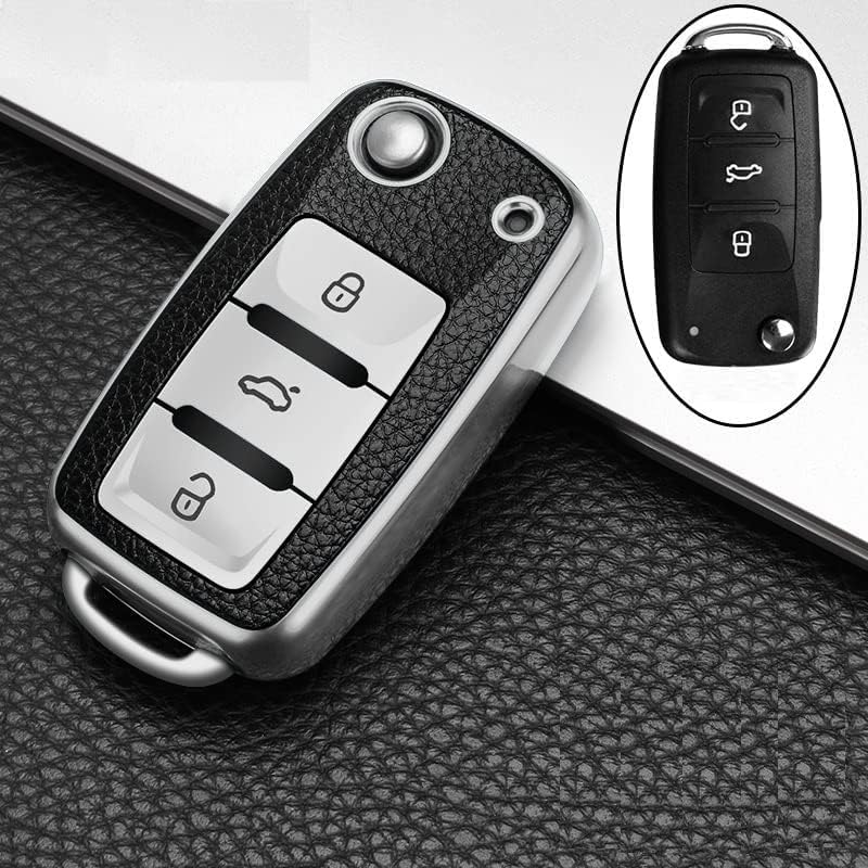 Soft TPU Leather Pattern Key Cover Compatible with Polo, Vento, Jetta, Ameo, Passat & Skoda Rapid, Laura, Superb, Octavia, Fabia, Yeti Folding Flip Key (Silver Black, Pack of 1).
