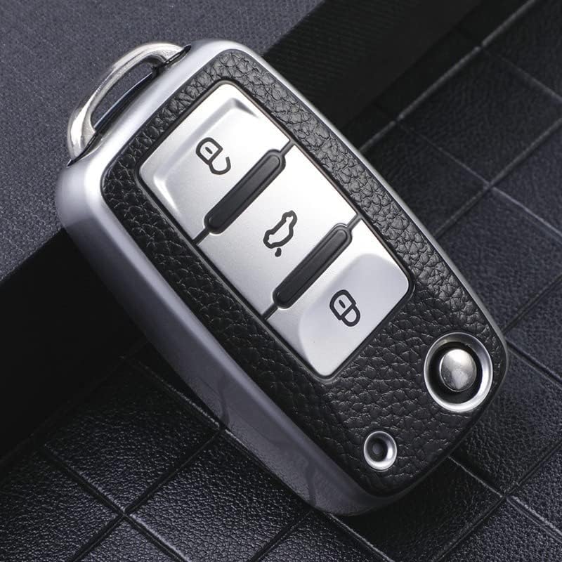 Soft TPU Leather Pattern Key Cover Compatible with Polo, Vento, Jetta, Ameo, Passat & Skoda Rapid, Laura, Superb, Octavia, Fabia, Yeti Folding Flip Key (Silver Black, Pack of 1).