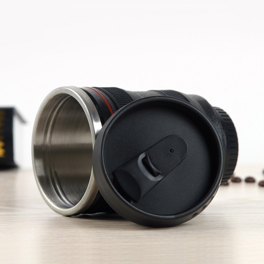 Camera Lens Coffee Mug 400ml | Stainless Steel Insulated Travel Mug Flask with Lid | Leakproof Thermos Cup for Coffee & Tea | DSLR Lens Design Gift for Men & Women (Black)