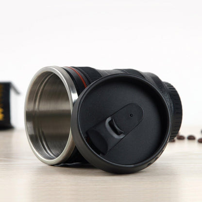 Camera Lens Coffee Mug 400ml | Stainless Steel Insulated Travel Mug Flask with Lid | Leakproof Thermos Cup for Coffee & Tea | DSLR Lens Design Gift for Men & Women (Black)