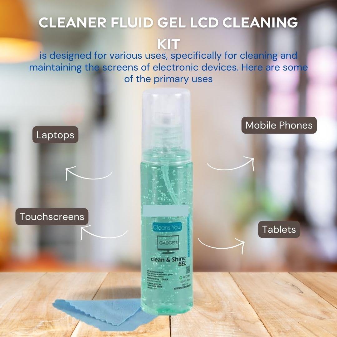 Clean & Shine Gel Multi-Purpose LCD Cleaning Kit –2 x 100ML Liquid Solution with Microfiber Cloth for Mobile, Laptop, Tablet, Computer, and Camera Screens.