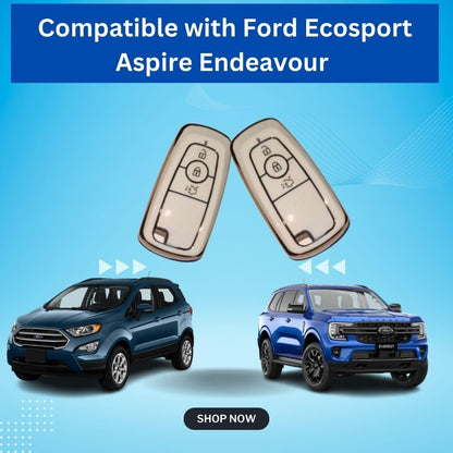 Soft TPU Leather Pattern Key Cover Compatible with Ford Ecosport Aspire Freestyle Endeavour Push Button Start Car Key (White).