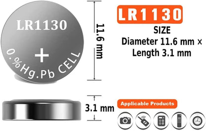 RF REDFOXX LR1130 AG10 189 Battery 1.5V Alkaline Button Cell Batteries 389A, D389, LR1131, LR54, G10A, Battery LR1130 Battery 1.5V Micro Alkaline Button Coin Cell (LR1130 / AG10-10 Unit)