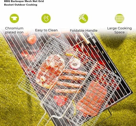 Stainless Steel Barbecue Grill Net Basket – Chromium Plated Grilling Tray with Long Wooden Handle – Ideal for Fish, Meat, Vegetables, Shrimp, and More