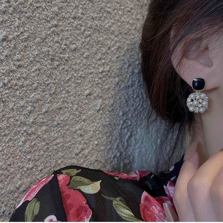 Pearl Drop Earrings, Black Square Stud, Gold-Plated Crystal Hypoallergenic Jewellery for Women