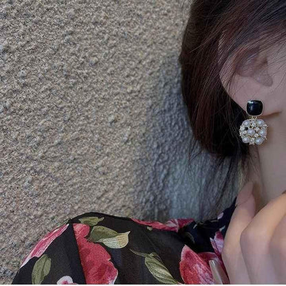 Pearl Drop Earrings, Black Square Stud, Gold-Plated Crystal Hypoallergenic Jewellery for Women