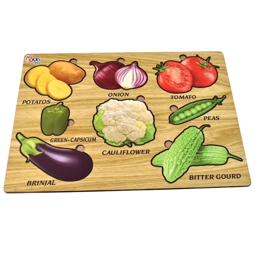 Wooden Vegetable Puzzle Board (28×20 cm) | Montessori Educational Toy for Kids | 7 Pcs Knobbed Shape Matching Puzzle | Learning Board for Toddlers Age 2–5 Years