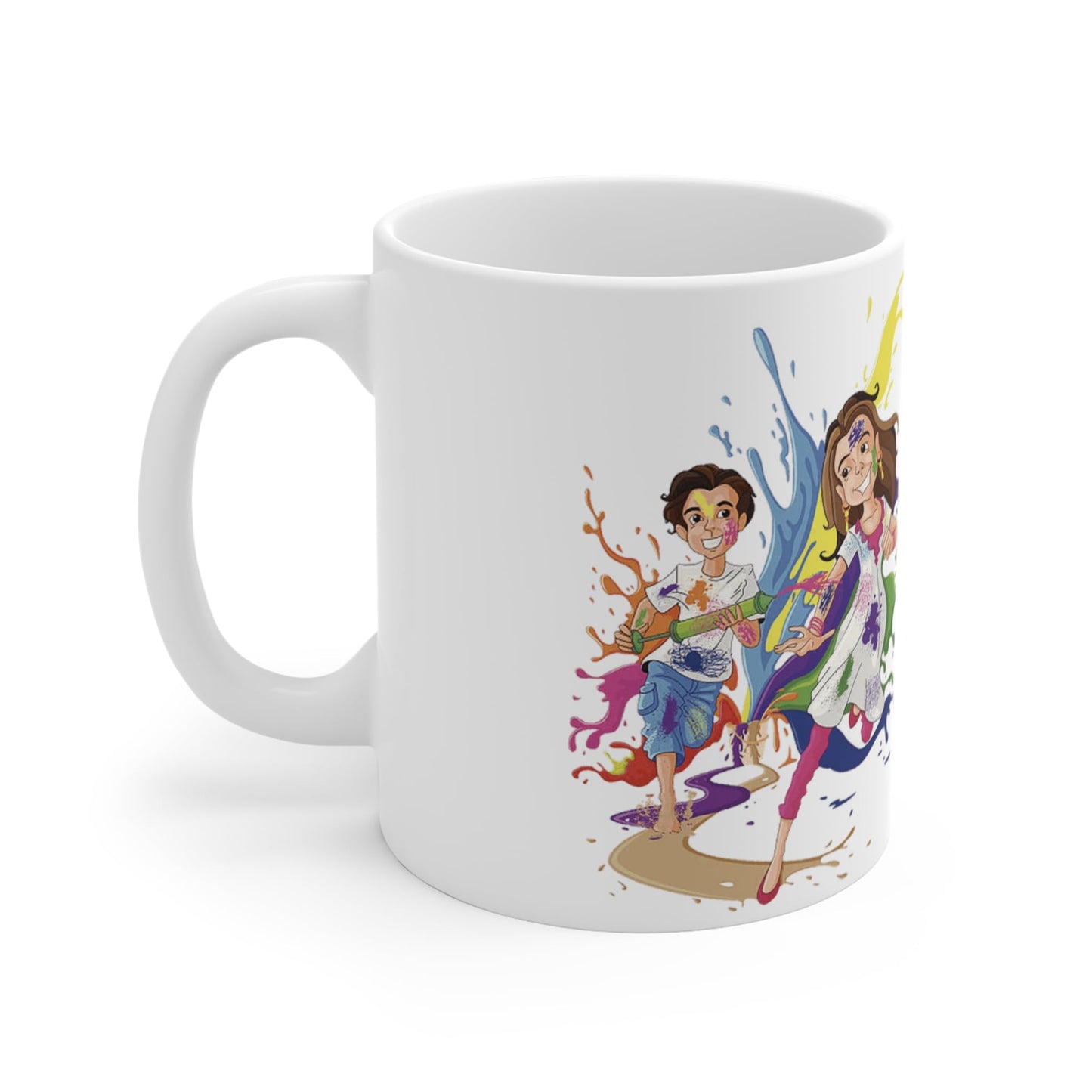 RF REDFOXX Happy Holi Festival Ceramic Coffee Mug, 350 ml, Colourful Splash Design, White